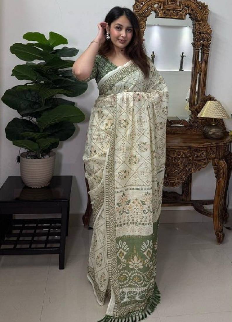 white & green color linen cotton digital print saree