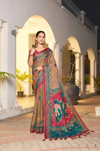 beige color handloom art silk digital printed saree