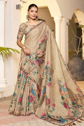 beige color handloom art silk digital printed saree