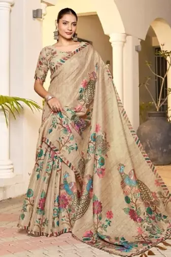 beige color handloom art silk digital printed saree
