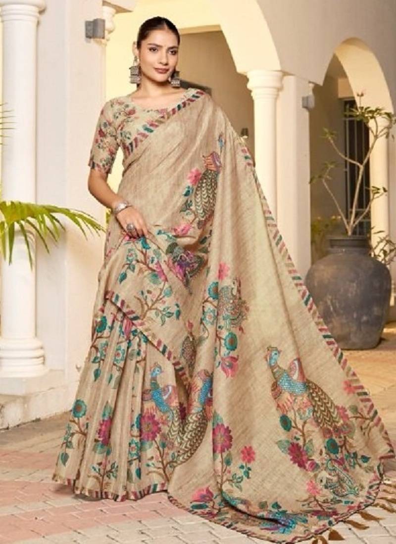 beige color handloom art silk digital printed saree