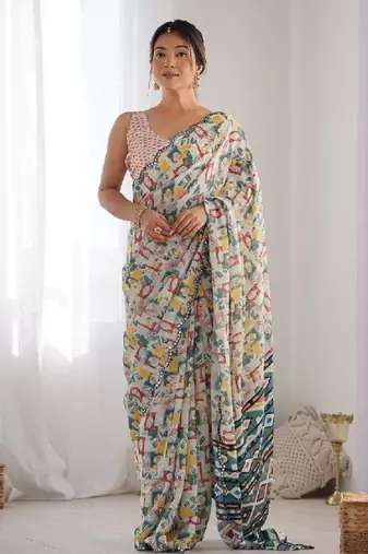 multicolor georgette printed mirror lace work saree