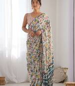 multicolor georgette printed mirror lace work saree