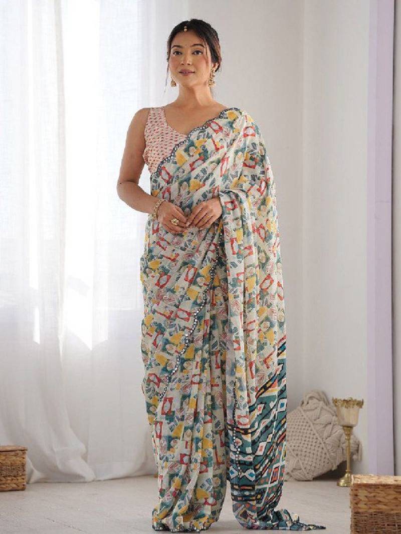 multicolor georgette printed mirror lace work saree