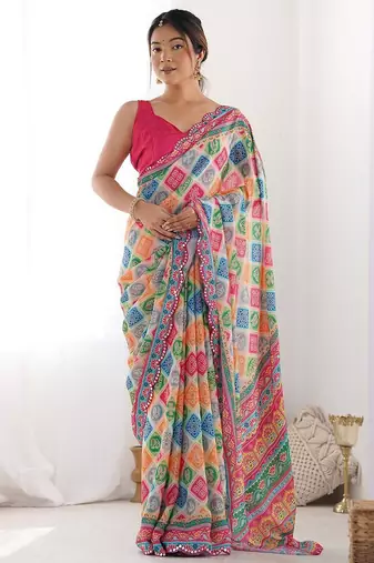 pink & multicolor georgette printed mirror lace work saree