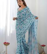 skyblue georgette printed mirror lace work saree