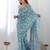 skyblue georgette printed mirror lace work saree