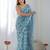 skyblue georgette printed mirror lace work saree