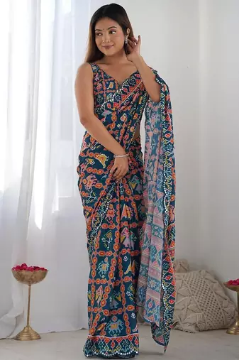 tealgreen georgette printed mirror lace work saree