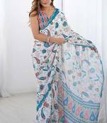 white & skyblue georgette printed mirror lace work saree