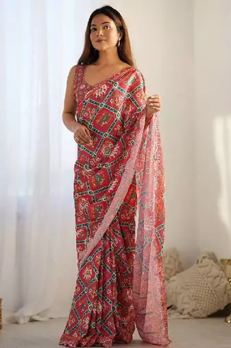 maroon georgette printed mirror lace work saree