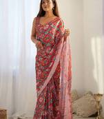 maroon georgette printed mirror lace work saree
