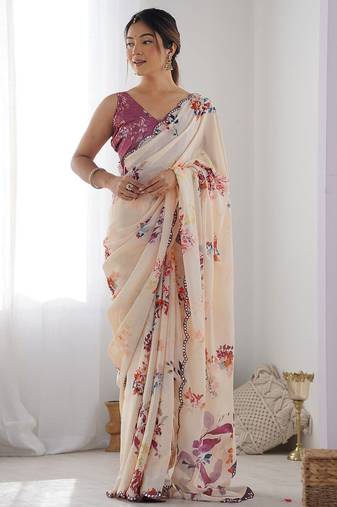 white & purple georgette printed mirror lace work saree