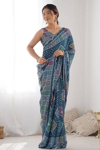 tealblue georgette printed mirror lace work saree