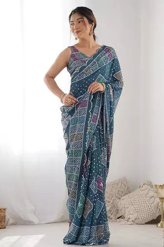 tealblue georgette printed mirror lace work saree