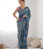 tealblue georgette printed mirror lace work saree