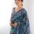 tealblue georgette printed mirror lace work saree