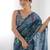 tealblue georgette printed mirror lace work saree
