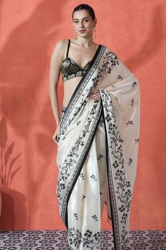 white & black color japan satin digital print saree