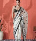 white & black color japan satin digital print saree