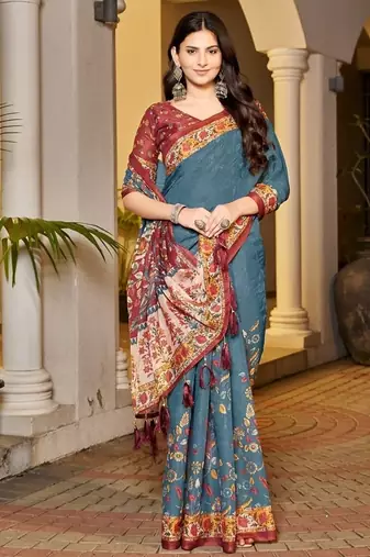 teal blue color handloom art silk digital printed saree