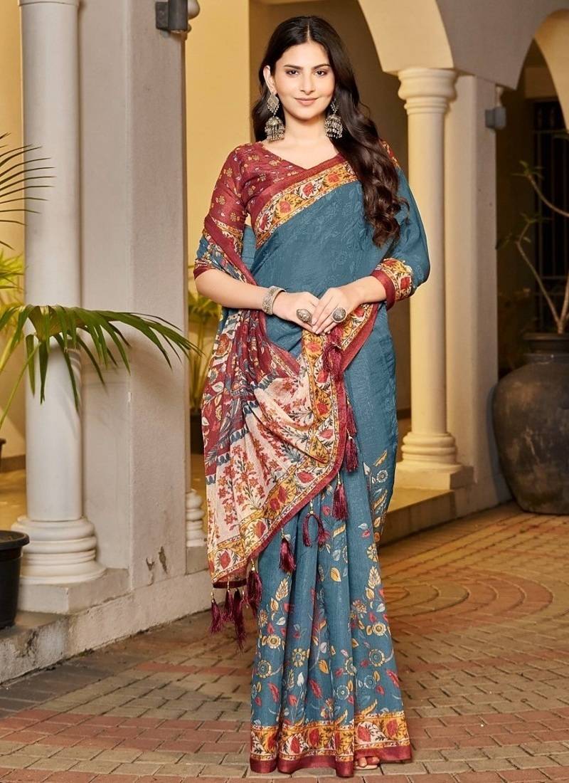 teal blue color handloom art silk digital printed saree