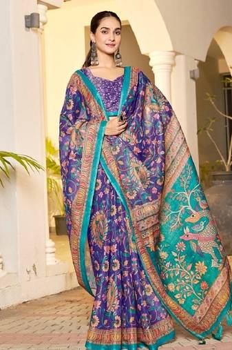 royal purple color handloom art silk digital printed saree