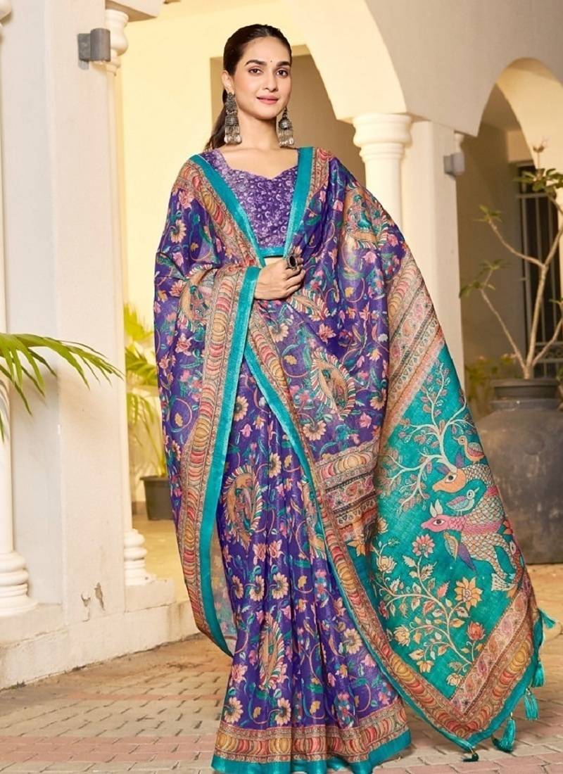 royal purple color handloom art silk digital printed saree