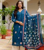 Floral embroidered v neck pure cotton kurta trouser & dupatta set