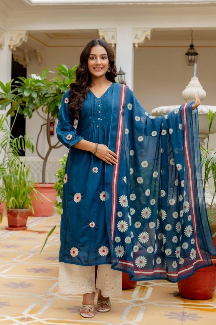 Floral embroidered v neck pure cotton kurta trouser & dupatta set