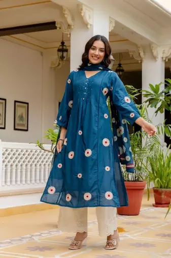 Floral embroidered v neck  cotton kurta trouser & dupatta set