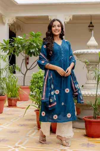 Floral embroidered v neck  cotton kurta trouser & dupatta set