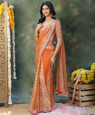 Rust orange embroidered silk saree 1