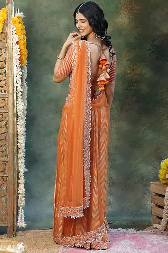 Rust orange embroidered silk saree