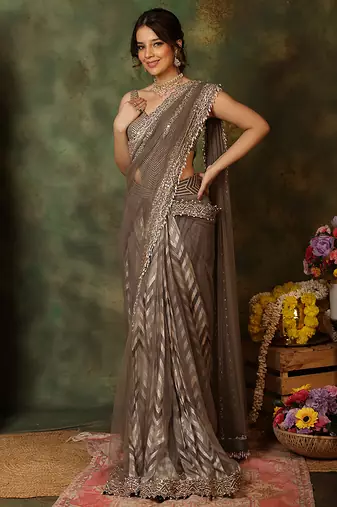 Grey embroidered silk saree