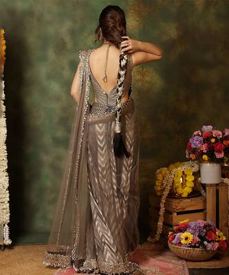 Grey embroidered silk saree 2
