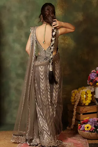 Grey embroidered silk saree