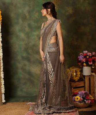 Grey embroidered silk saree 3