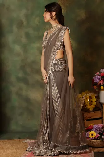 Grey embroidered silk saree