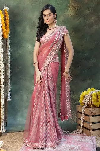 Pink embroidered silk saree