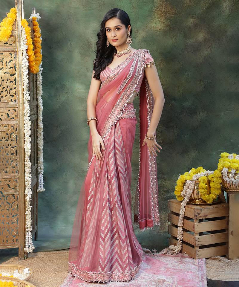 Pink embroidered silk saree