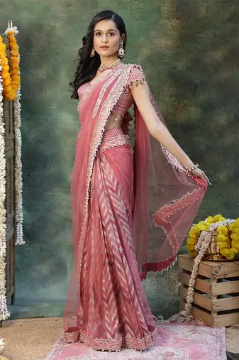Pink embroidered silk saree