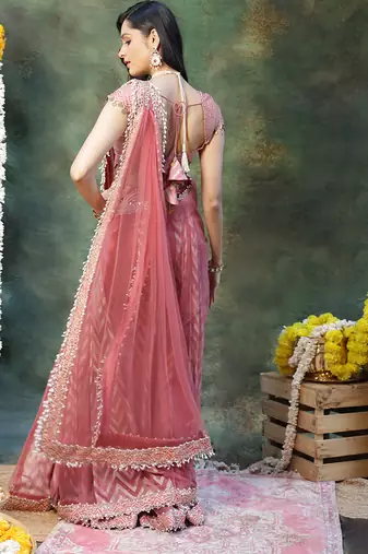 Pink embroidered silk saree