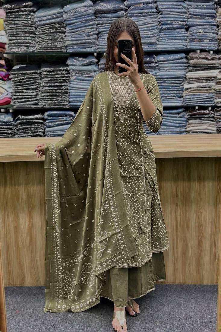 Floral embroidered round neck pure cotton kurta trouser & dupatta set