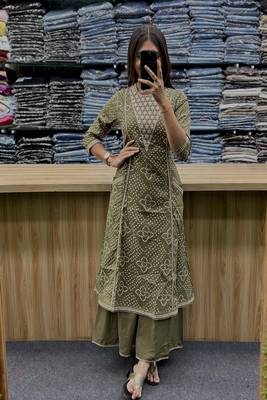 Floral embroidered round neck  cotton kurta trouser & dupatta set 2