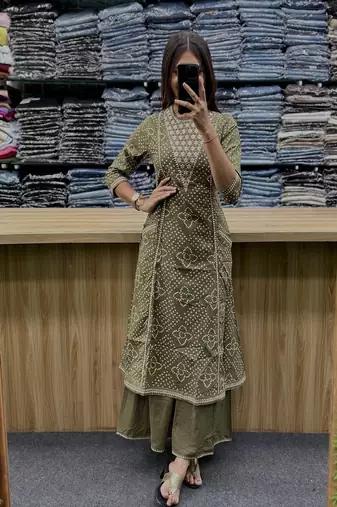 Floral embroidered round neck  cotton kurta trouser & dupatta set