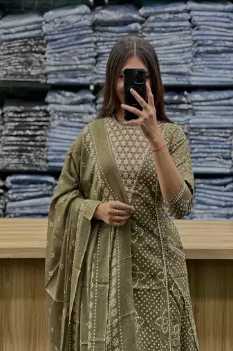 Floral embroidered round neck  cotton kurta trouser & dupatta set