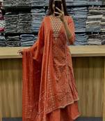 Floral embroidered round neck pure cotton kurta trouser & dupatta set