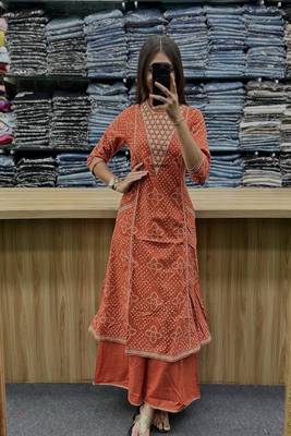 Floral embroidered round neck  cotton kurta trouser & dupatta set 2