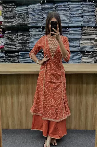 Floral embroidered round neck  cotton kurta trouser & dupatta set